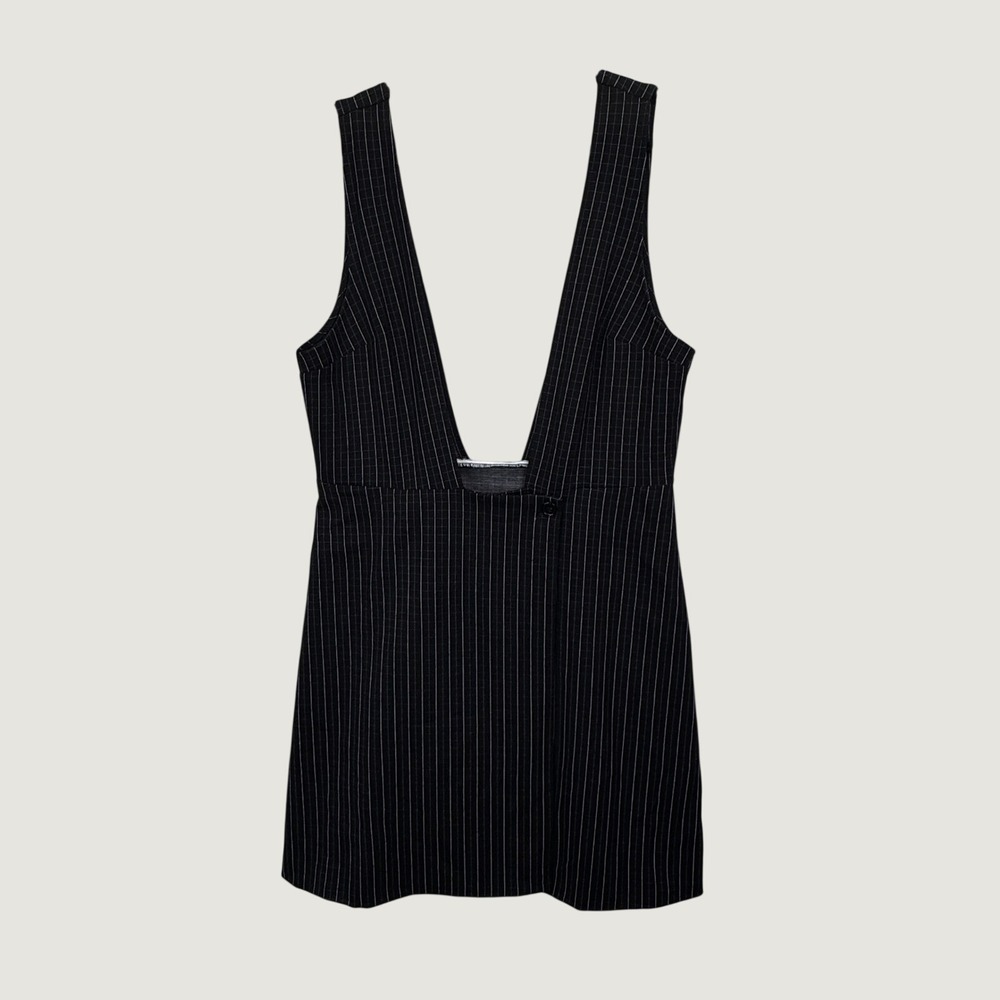 Shein‎ Pinstripe Pinafore Jumper Mini Dress Sz L Black Dark Academia Preppy Chic